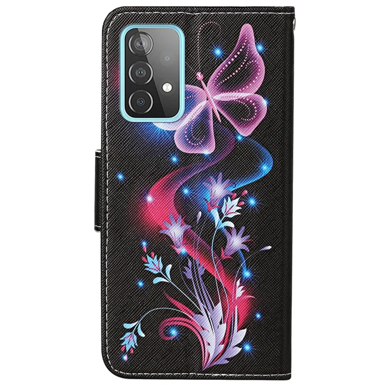 Pattern Printing Flip Wallet Case Cross Texture PU Leather Stand Protective Shell with Strap for Samsung Galaxy A53 5G - Fluorescent Butterflies