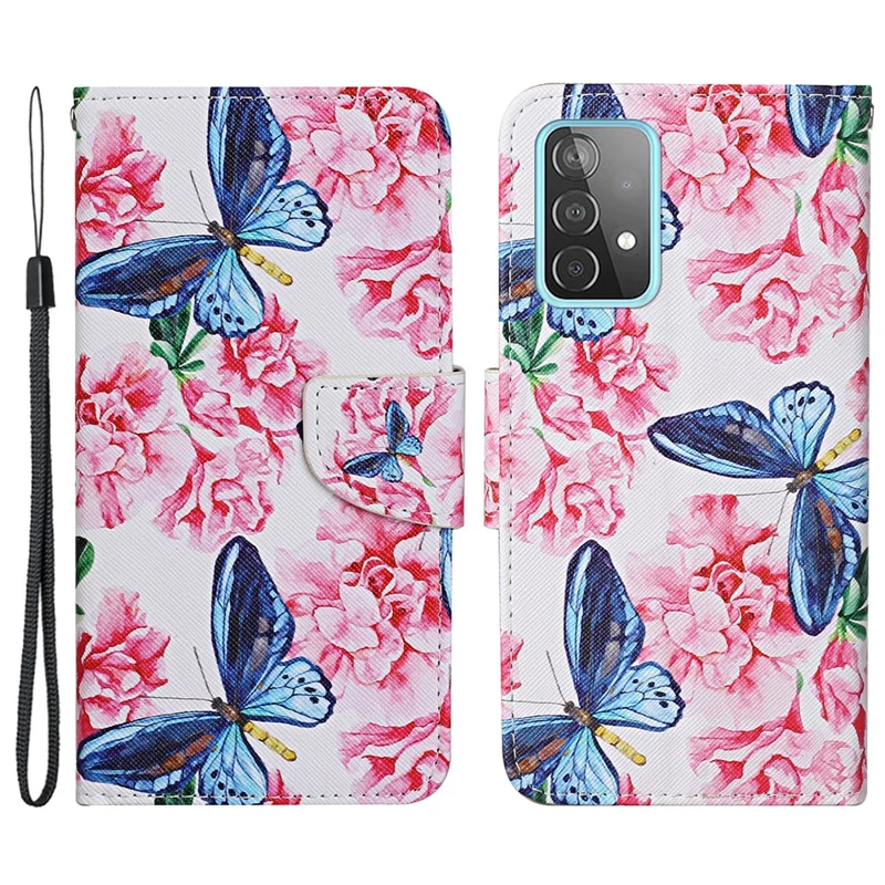 Pattern Printing Flip Wallet Case Cross Texture PU Leather Stand Protective Shell with Strap for Samsung Galaxy A53 5G - Butterflies and Flowers