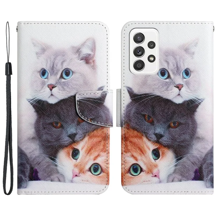 Cross Texture Pattern Printing PU Leder + TPU Handy Cover Stand Wallet Case Schutz mit Handriemen für Samsung Galaxy A53 5G - Three Cats