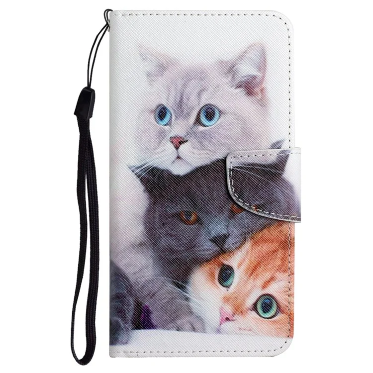 Cross Texture Pattern Printing PU Leder + TPU Handy Cover Stand Wallet Case Schutz mit Handriemen für Samsung Galaxy A53 5G - Three Cats