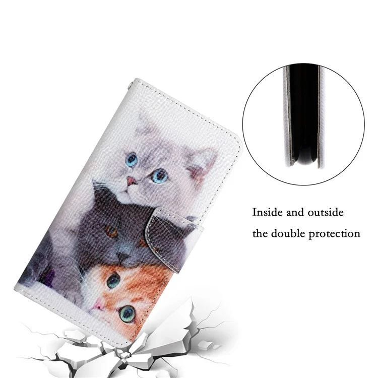 Cross Texture Pattern Printing PU Leder + TPU Handy Cover Stand Wallet Case Schutz mit Handriemen für Samsung Galaxy A53 5G - Three Cats