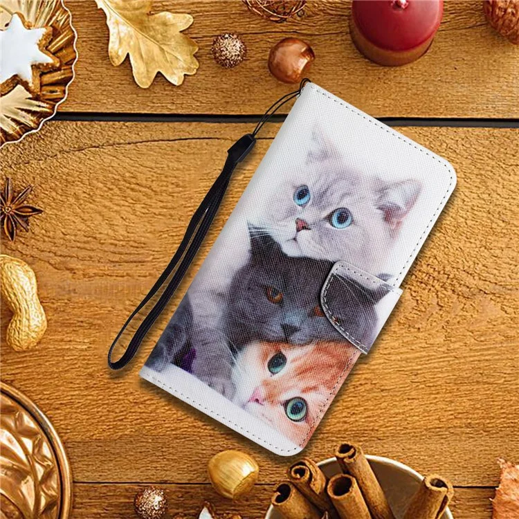 Cross Texture Pattern Printing PU Leder + TPU Handy Cover Stand Wallet Case Schutz mit Handriemen für Samsung Galaxy A53 5G - Three Cats