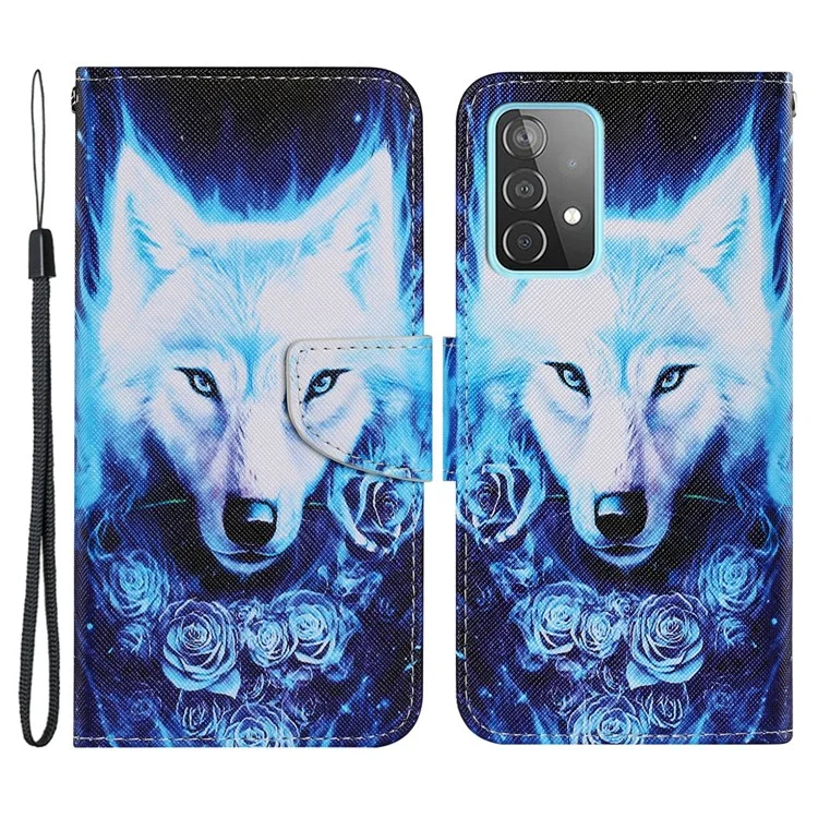 Carteira com Capa de Couro com Textura Cruzada Impressão de Padrão Suporte Magnético Flip Case com Alça para Samsung Galaxy A33 5G - Rosa e Lobo