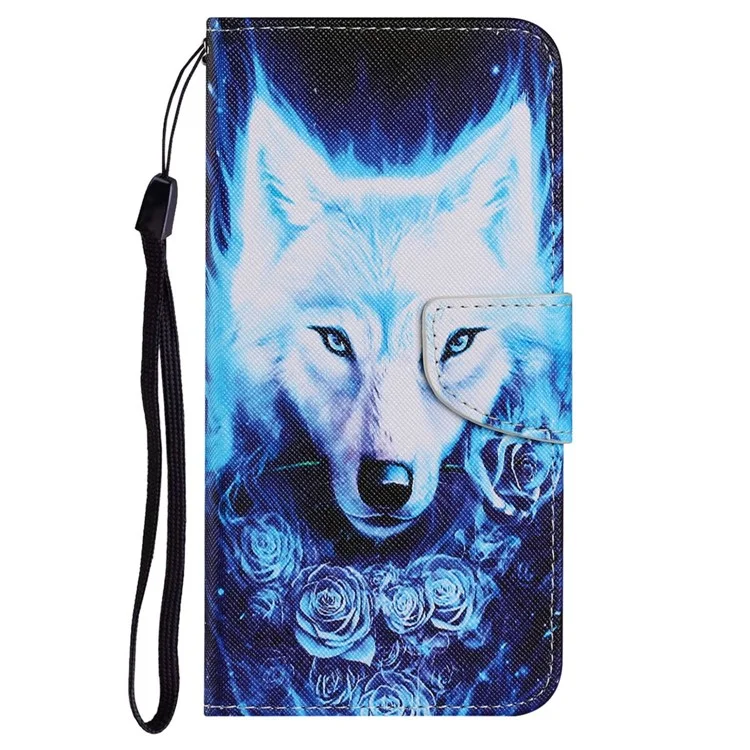 Carteira com Capa de Couro com Textura Cruzada Impressão de Padrão Suporte Magnético Flip Case com Alça para Samsung Galaxy A33 5G - Rosa e Lobo