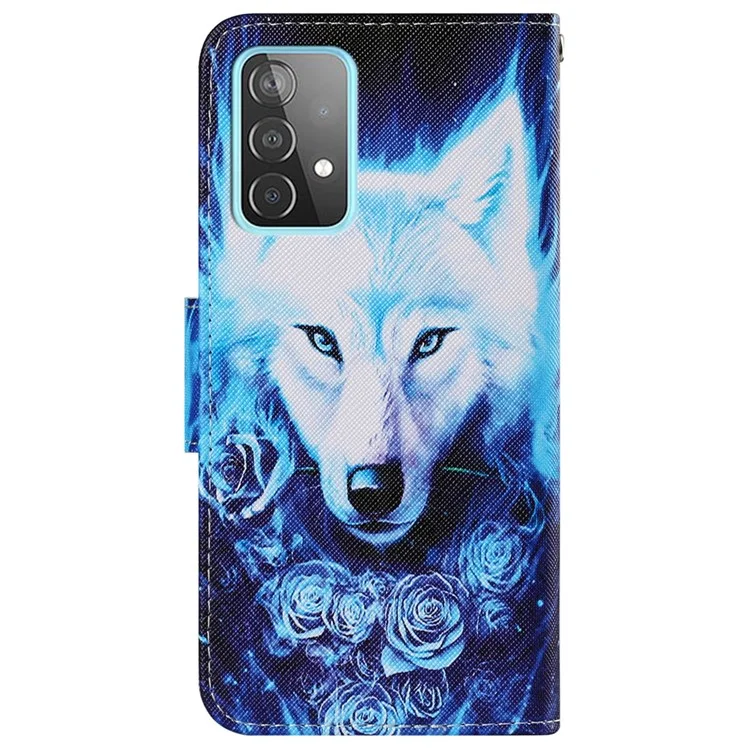 Carteira com Capa de Couro com Textura Cruzada Impressão de Padrão Suporte Magnético Flip Case com Alça para Samsung Galaxy A33 5G - Rosa e Lobo