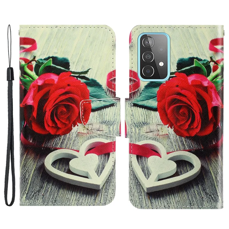 PU Leather + TPU Phone Case Pattern Printing Stand Wallet Protective Shell with Strap for Samsung Galaxy A53 5G - Red Rose