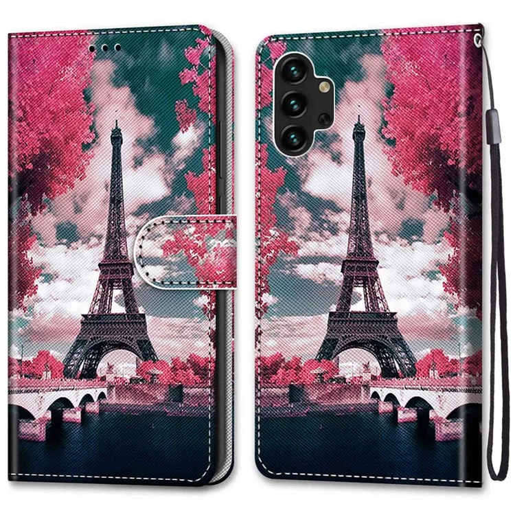 Cross Texture Pattern Printing Anti-fall Shockproof Stand Wallet PU Leather Phone Case with Strap for Samsung Galaxy A13 4G - A08 Pink Flower/Iron Tower
