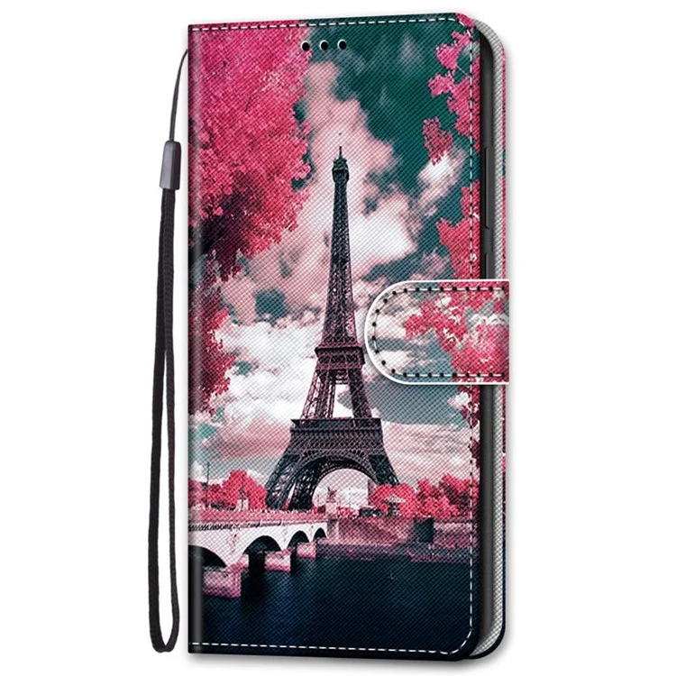 Cross Texture Pattern Printing Anti-fall Shockproof Stand Wallet PU Leather Phone Case with Strap for Samsung Galaxy A13 4G - A08 Pink Flower/Iron Tower