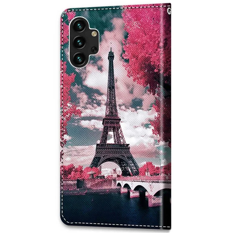Cross Texture Pattern Printing Anti-fall Shockproof Stand Wallet PU Leather Phone Case with Strap for Samsung Galaxy A13 4G - A08 Pink Flower/Iron Tower