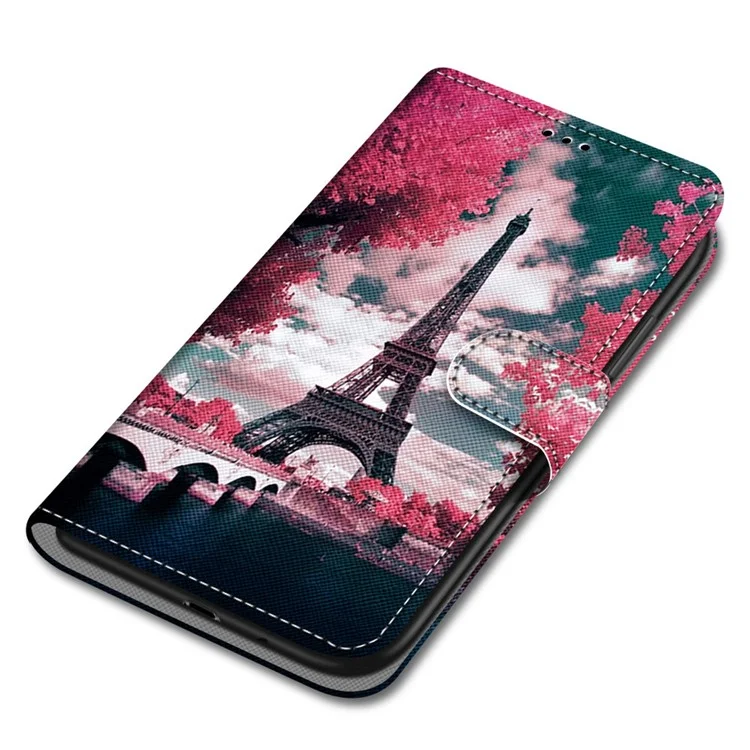 Cross Texture Pattern Printing Anti-fall Shockproof Stand Wallet PU Leather Phone Case with Strap for Samsung Galaxy A13 4G - A08 Pink Flower/Iron Tower