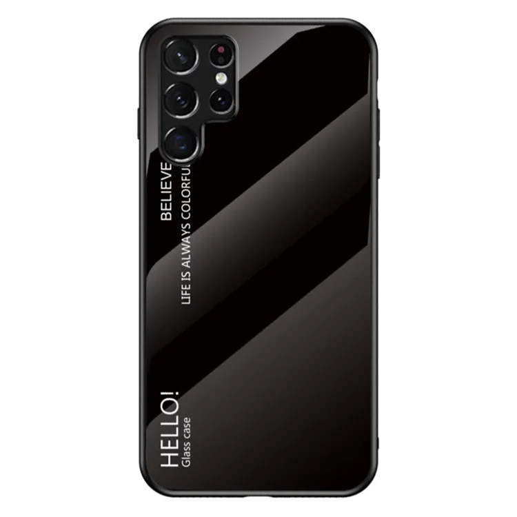Tempered Glass PC Back Panel + TPU Frame Hybrid Case Gradient Color Phone Cover for Samsung Galaxy S22 Ultra 5G - Black