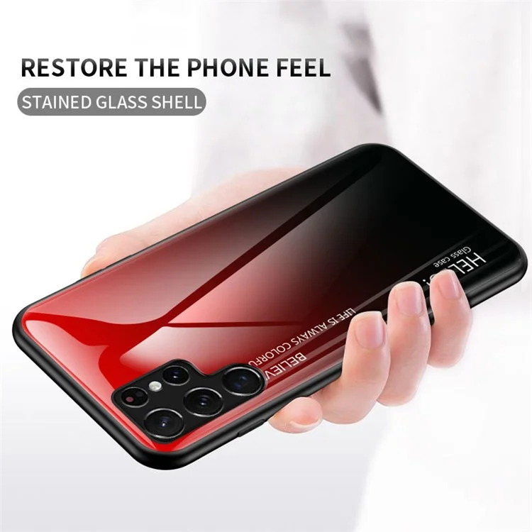 Tempered Glass PC Back Panel + TPU Frame Hybrid Case Gradient Color Phone Cover for Samsung Galaxy S22 Ultra 5G - Black