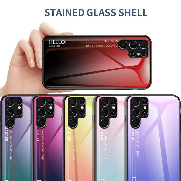 Tempered Glass PC Back Panel + TPU Frame Hybrid Case Gradient Color Phone Cover for Samsung Galaxy S22 Ultra 5G - Black