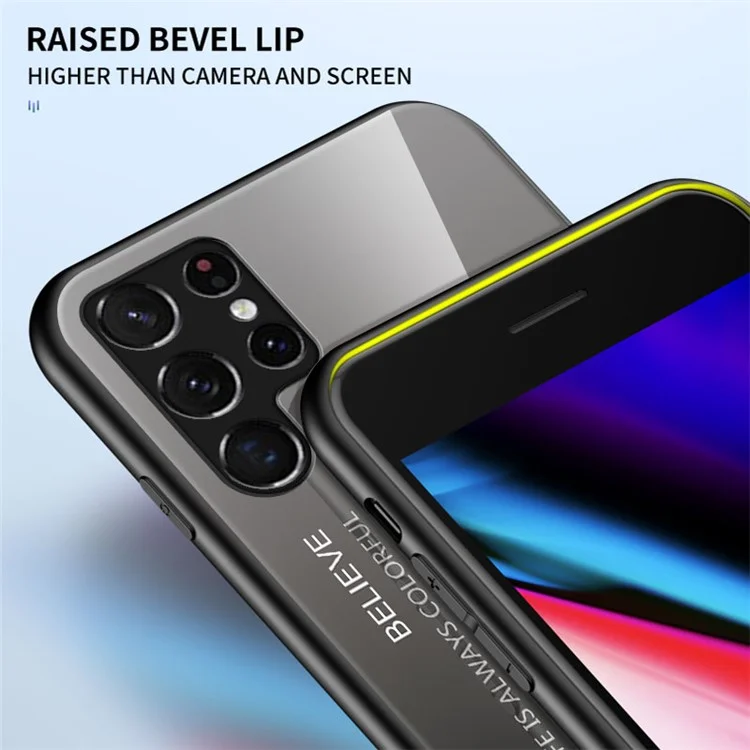 Tempered Glass PC Back Panel + TPU Frame Hybrid Case Gradient Color Phone Cover for Samsung Galaxy S22 Ultra 5G - Black