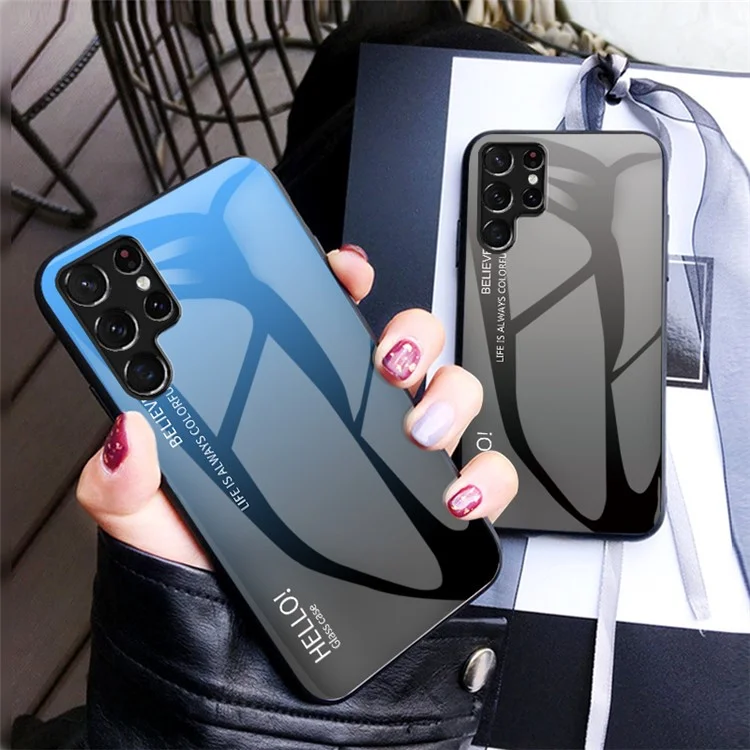 Tempered Glass PC Back Panel + TPU Frame Hybrid Case Gradient Color Phone Cover for Samsung Galaxy S22 Ultra 5G - Black