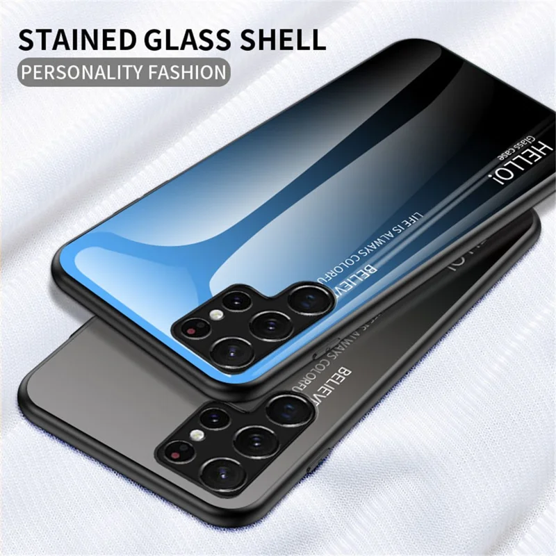 Tempered Glass PC Back Panel + TPU Frame Hybrid Case Gradient Color Phone Cover for Samsung Galaxy S22 Ultra 5G - Gradient Blue Black