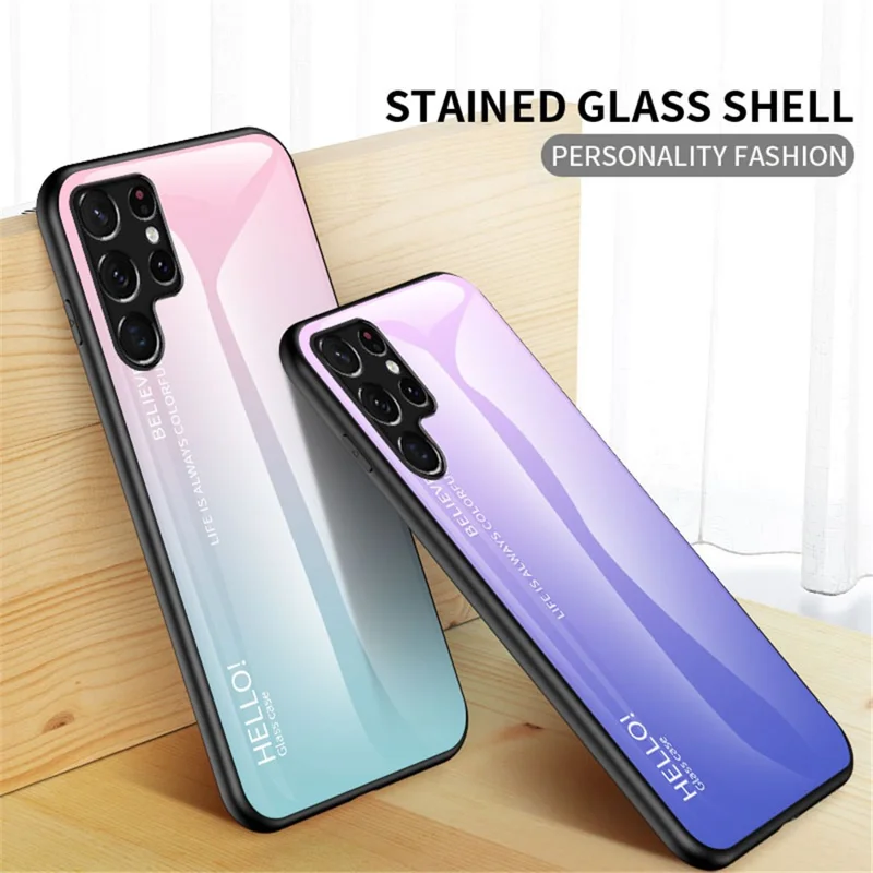 Tempered Glass PC Back Panel + TPU Frame Hybrid Case Gradient Color Phone Cover for Samsung Galaxy S22 Ultra 5G - Gradient Blue Black