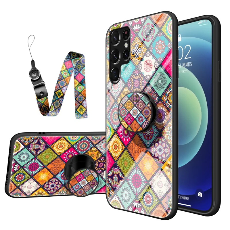 Drop-resistant Well-protected Tempered Glass + PC + TPU Kickstand Phone Cover Case with Lanyard for Samsung Galaxy S22 Ultra 5G - Color Pattern