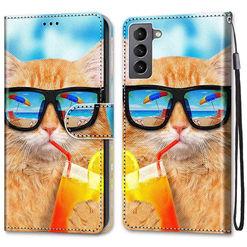 Color Pattern Printing Leather Case Wallet Stand Design + Handy Strap Anti-Collision Phone Shell for Samsung Galaxy S22 5G - A05 Cat/Soda