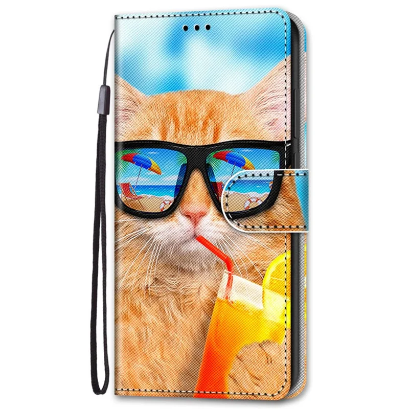 Color Pattern Printing Leather Case Wallet Stand Design + Handy Strap Anti-Collision Phone Shell for Samsung Galaxy S22 5G - A05 Cat/Soda
