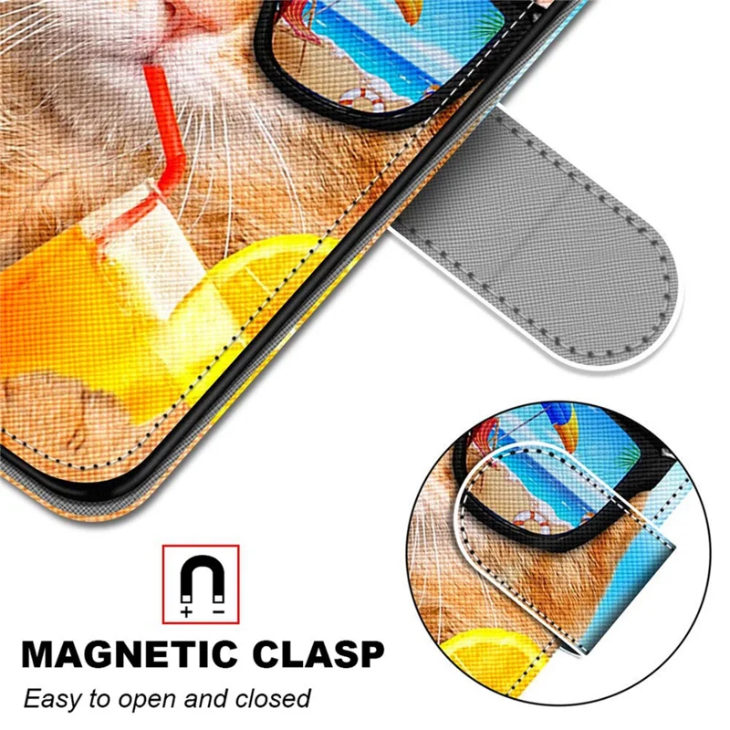 Color Pattern Printing Leather Case Wallet Stand Design + Handy Strap Anti-Collision Phone Shell for Samsung Galaxy S22 5G - A05 Cat/Soda