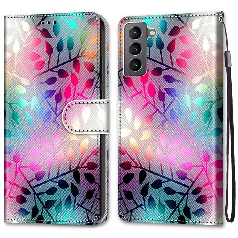Color Pattern Printing Leather Case Wallet Stand Design + Handy Strap Anti-Collision Phone Shell for Samsung Galaxy S22 5G - A20 Colorful Leaves