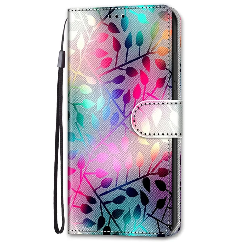 Color Pattern Printing Leather Case Wallet Stand Design + Handy Strap Anti-Collision Phone Shell for Samsung Galaxy S22 5G - A20 Colorful Leaves