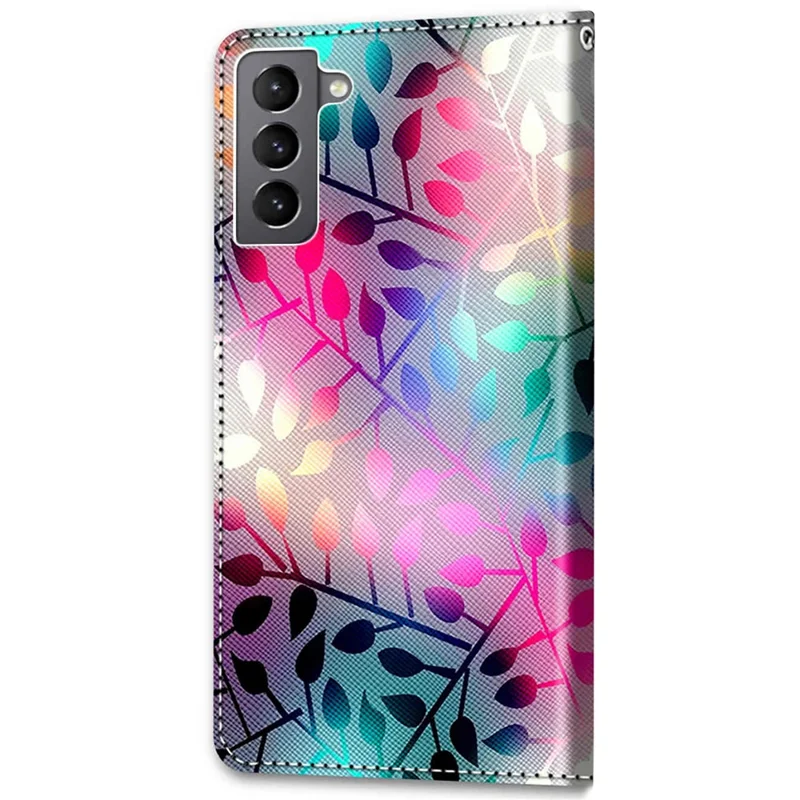 Color Pattern Printing Leather Case Wallet Stand Design + Handy Strap Anti-Collision Phone Shell for Samsung Galaxy S22 5G - A20 Colorful Leaves