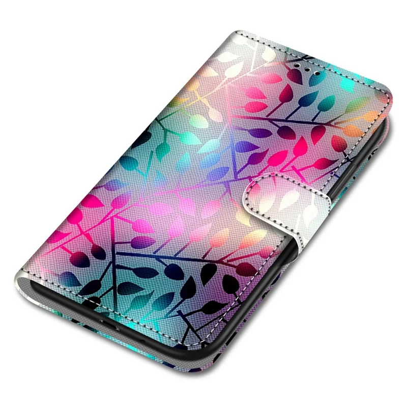 Color Pattern Printing Leather Case Wallet Stand Design + Handy Strap Anti-Collision Phone Shell for Samsung Galaxy S22 5G - A20 Colorful Leaves