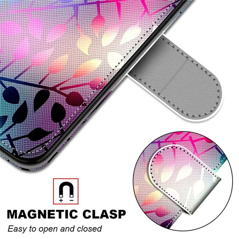 Color Pattern Printing Leather Case Wallet Stand Design + Handy Strap Anti-Collision Phone Shell for Samsung Galaxy S22 5G - A20 Colorful Leaves