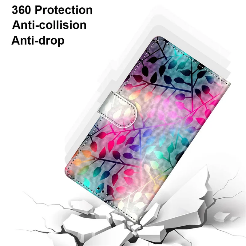 Color Pattern Printing Leather Case Wallet Stand Design + Handy Strap Anti-Collision Phone Shell for Samsung Galaxy S22 5G - A20 Colorful Leaves