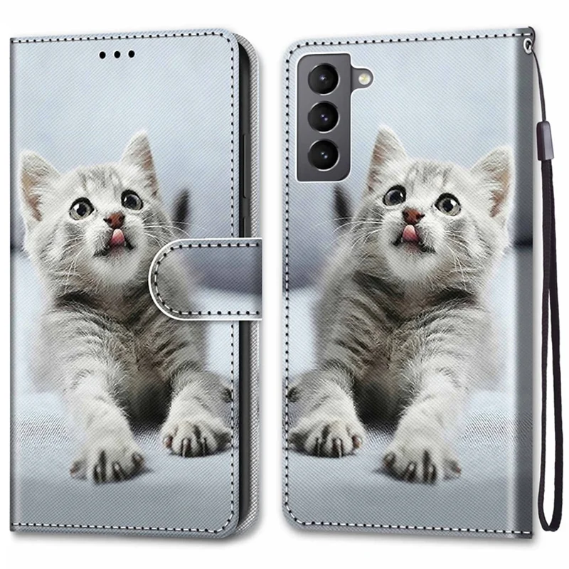 Color Pattern Printing Leather Case Wallet Stand Design + Handy Strap Anti-Collision Phone Shell for Samsung Galaxy S22 5G - A23 Grey Cat