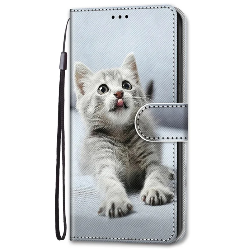 Color Pattern Printing Leather Case Wallet Stand Design + Handy Strap Anti-Collision Phone Shell for Samsung Galaxy S22 5G - A23 Grey Cat