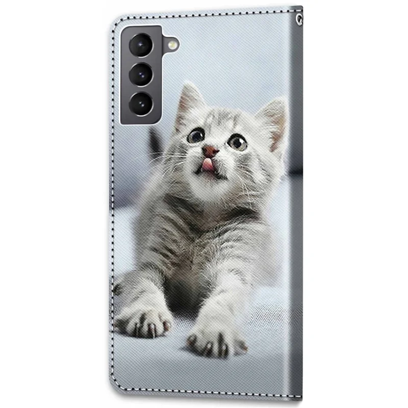 Color Pattern Printing Leather Case Wallet Stand Design + Handy Strap Anti-Collision Phone Shell for Samsung Galaxy S22 5G - A23 Grey Cat