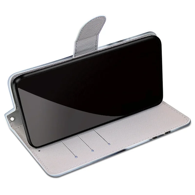 Color Pattern Printing Leather Case Wallet Stand Design + Handy Strap Anti-Collision Phone Shell for Samsung Galaxy S22 5G - A23 Grey Cat