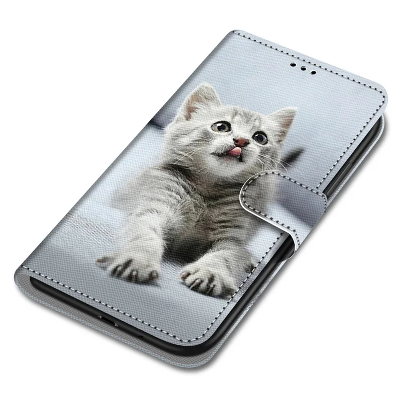 Color Pattern Printing Leather Case Wallet Stand Design + Handy Strap Anti-Collision Phone Shell for Samsung Galaxy S22 5G - A23 Grey Cat
