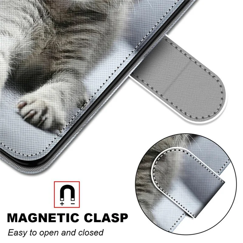 Color Pattern Printing Leather Case Wallet Stand Design + Handy Strap Anti-Collision Phone Shell for Samsung Galaxy S22 5G - A23 Grey Cat