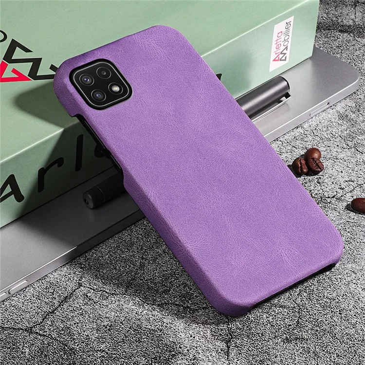 Large Cutout PU Leather Coating PC Shock Absorption Phone Cover Case for Samsung Galaxy A22 5G (EU Version)/F42 5G - Purple