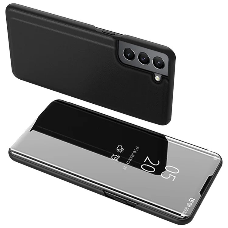 Elettrolitica Superficie Specchio Slim Anti-caduta PU Pelle+PC Finestra Trasparente Flip Phone Stand Cover per Samsung Galaxy S22 5G - Nero