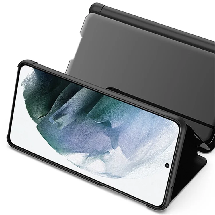 Elettrolitica Superficie Specchio Slim Anti-caduta PU Pelle+PC Finestra Trasparente Flip Phone Stand Cover per Samsung Galaxy S22 5G - Nero