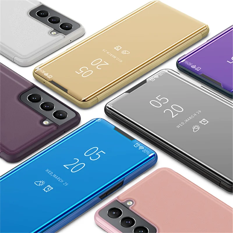 Electroplating Mirror Surface Slim Anti-drop PU Leather+PC Clear View Window Flip Phone Stand Cover for Samsung Galaxy S22 5G - Silver