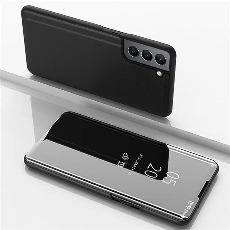 Electroplating Mirror Surface Anti-drop PU Leather+PC Phone Stand Cover Shell with Clear View Window for Samsung Galaxy S22+ 5G - Black
