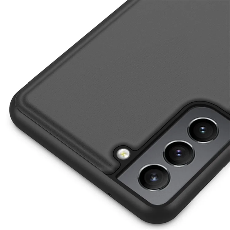 Electroplating Mirror Surface Anti-drop PU Leather+PC Phone Stand Cover Shell with Clear View Window for Samsung Galaxy S22+ 5G - Black