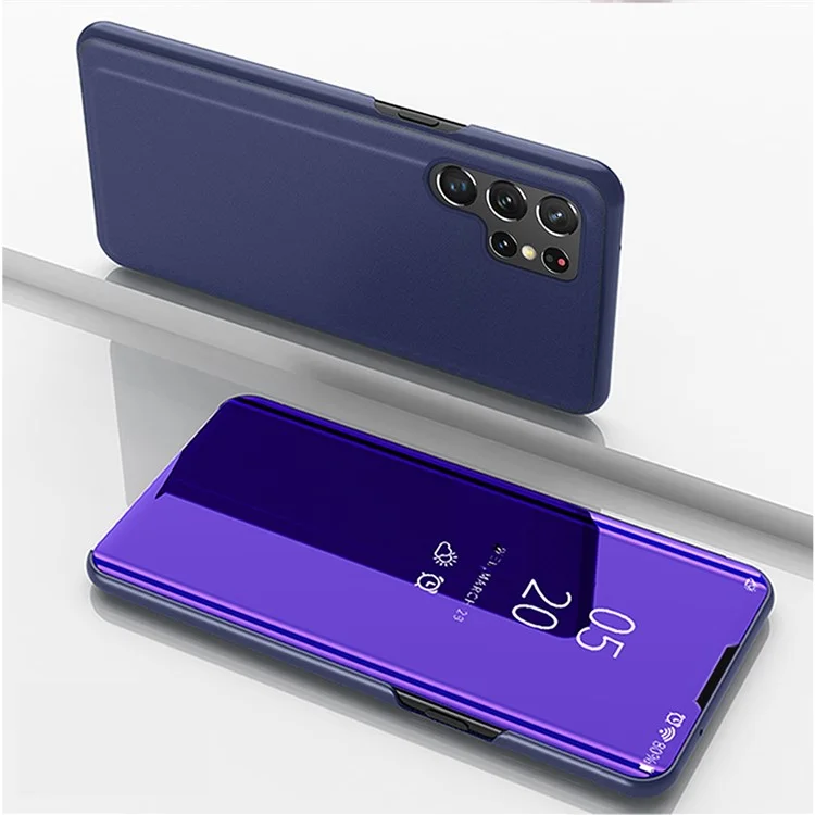 Mirror Surface Electroplating Design PU Leather+PC Clear View Window Phone Protective Cover Case with Stand for Samsung Galaxy S22 Ultra 5G - Dark Blue