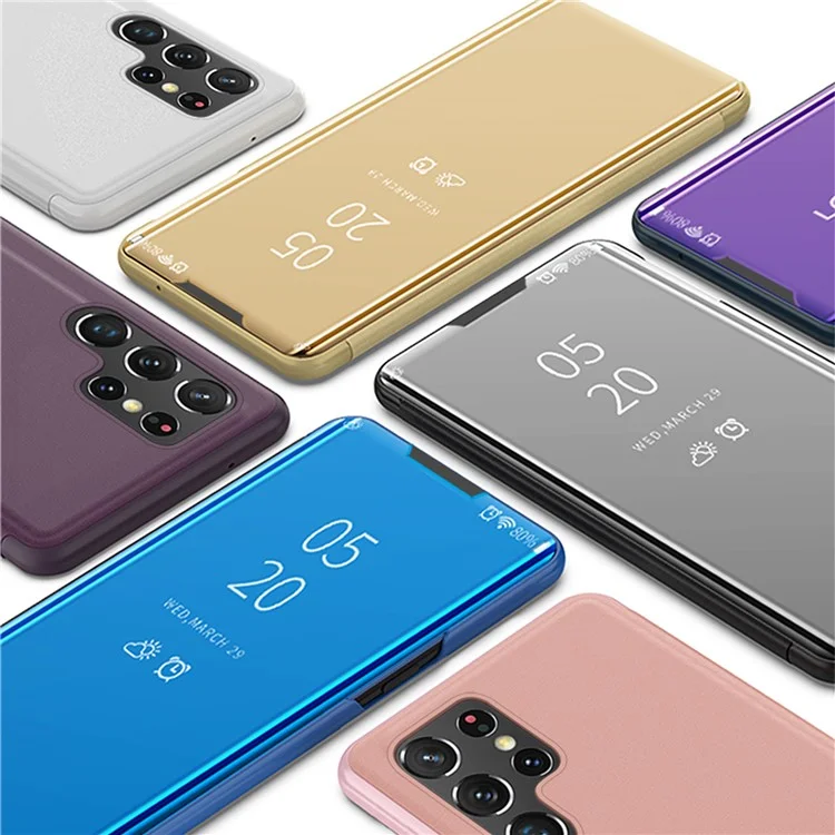 Mirror Surface Electroplating Design PU Leather+PC Clear View Window Phone Protective Cover Case with Stand for Samsung Galaxy S22 Ultra 5G - Dark Blue