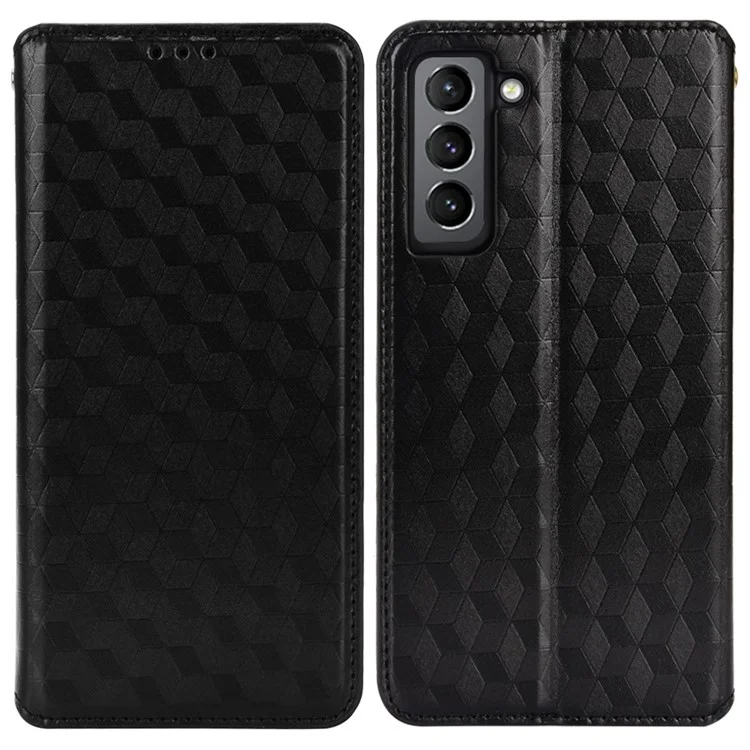 Custodia protettiva con motivo romboidale 3D Imprinting, in pelle PU + custodia interna in TPU con supporto e portafoglio per Samsung Galaxy S22 5G - Nero