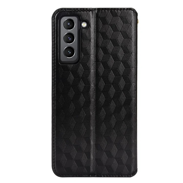 Custodia protettiva con motivo romboidale 3D Imprinting, in pelle PU + custodia interna in TPU con supporto e portafoglio per Samsung Galaxy S22 5G - Nero