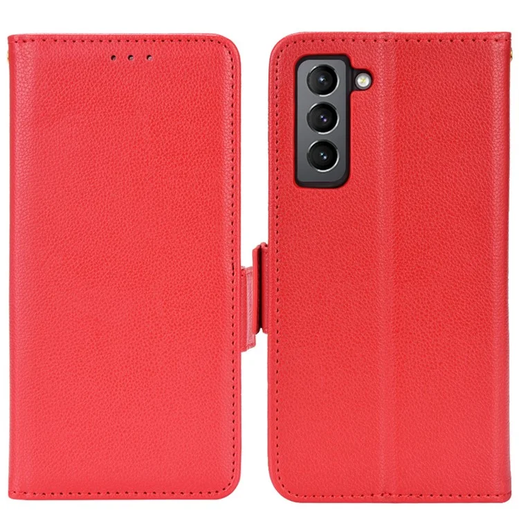 Litchi Texture Shockproof PU Leather Wallet Cover Double Magnetic Closure Flip Phone Case with Stand for Samsung Galaxy S22+ 5G - Vermelho