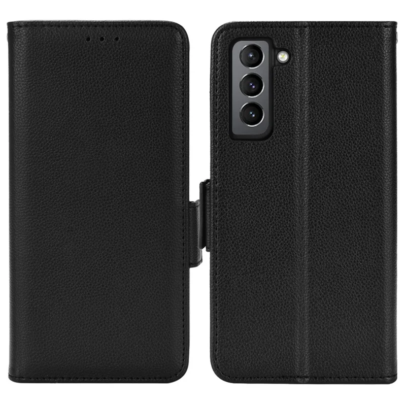 Litchi Texture Shockproof PU Leather Wallet Cover Double Magnetic Closure Flip Phone Case with Stand for Samsung Galaxy S22+ 5G - Black