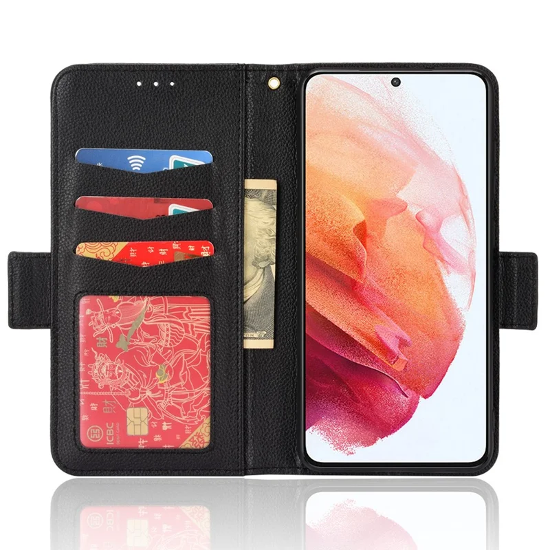 Litchi Texture Shockproof PU Leather Wallet Cover Double Magnetic Closure Flip Phone Case with Stand for Samsung Galaxy S22+ 5G - Black